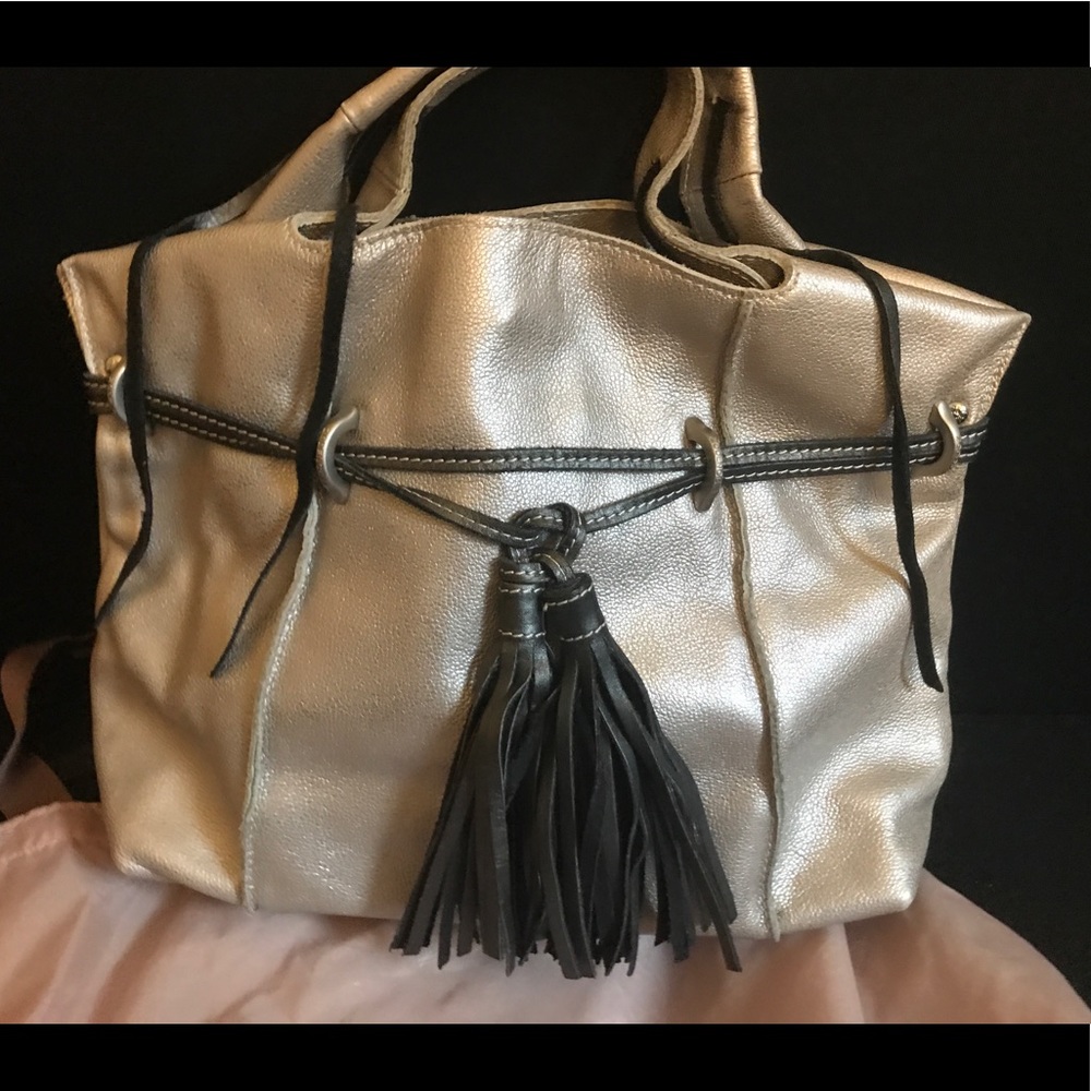 Zodence silvery leather handbag tote tassels boho